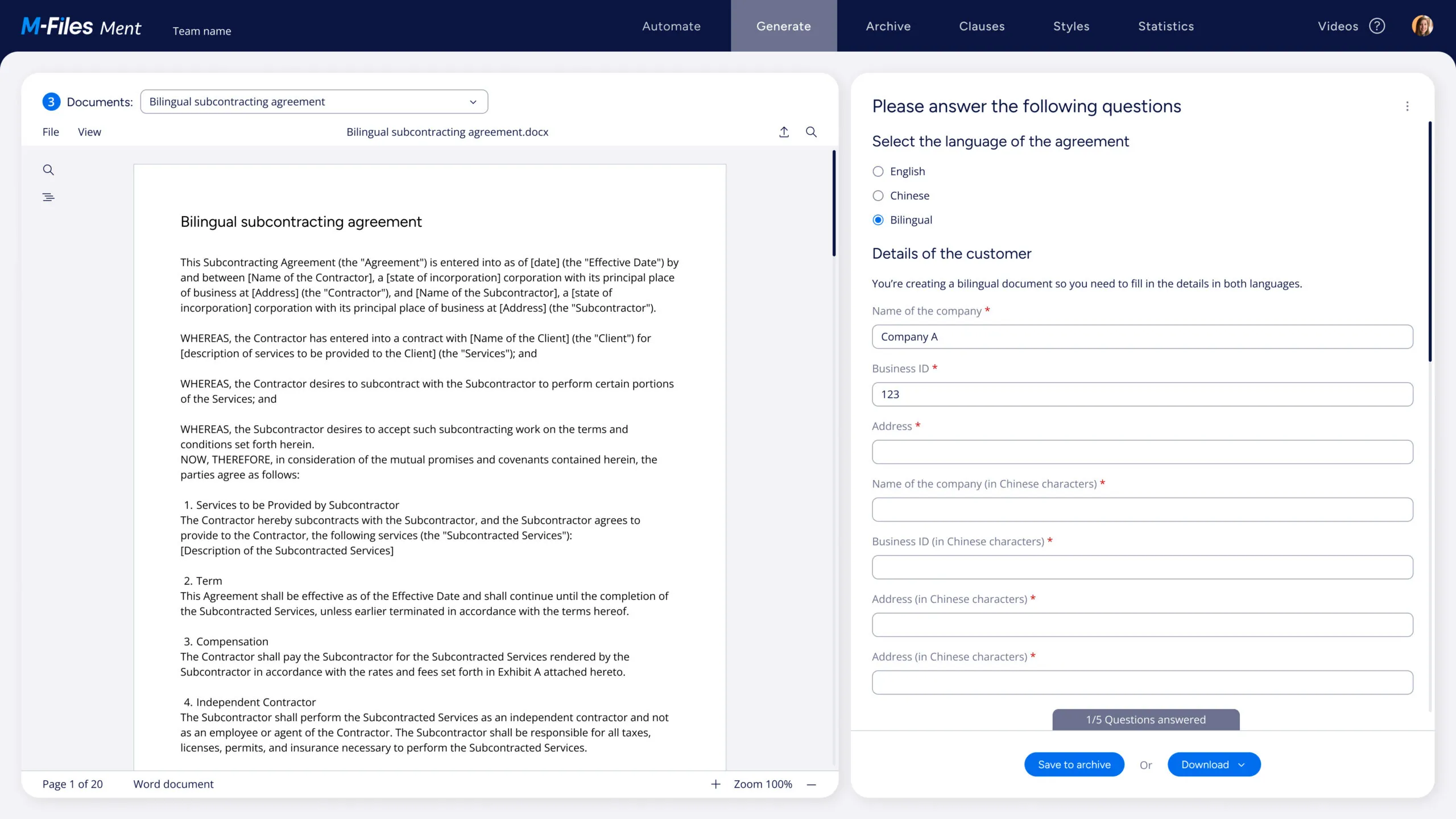 Self-Serve Document Generation Widget