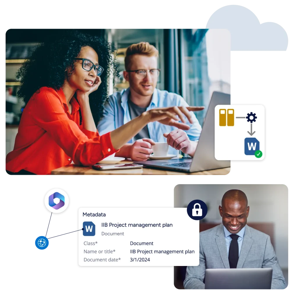 Team collaborating on a governed M-Files document, connected to Microsoft 365 and secured for the right user