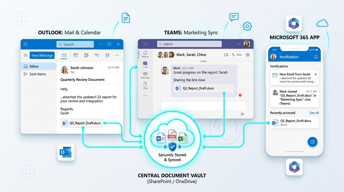 M-Files multi-surface Microsoft 365 integration across Outlook, Teams, and Mobile